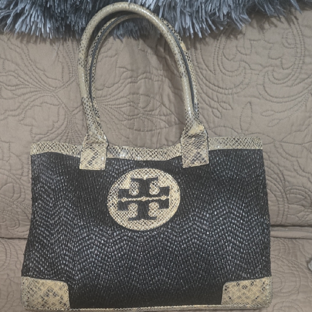 Tory Burch Raffia Embossed Snakeskin Tote